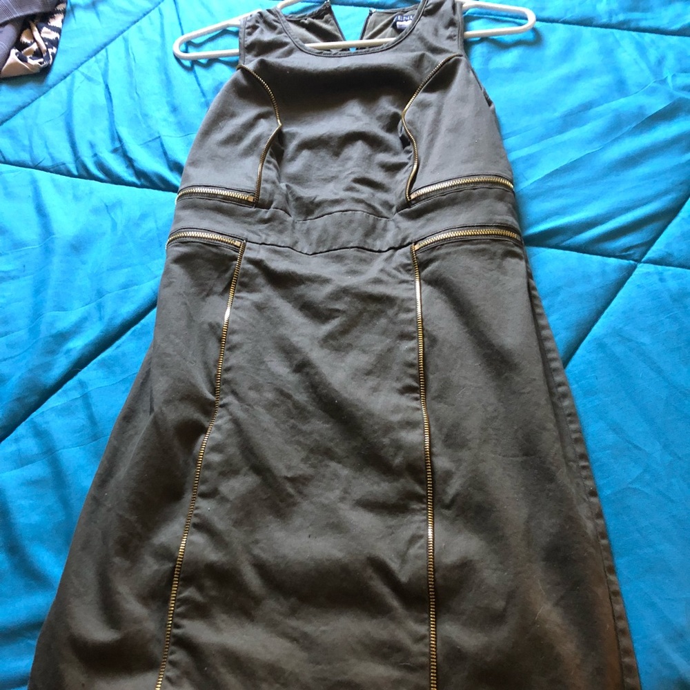 Green dress.  Has a zipper design on it.